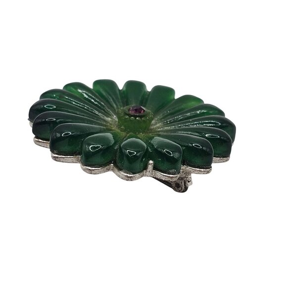 Vtg Green Floral Molded Glass Brooch Purple Rhinestone Silver Tone Pin Flower - Picture 6 of 9